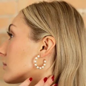 LQ Elegant Women 18k Gold Plated Stainless Steel Beaded Earrings Jewelry Minimalist Pearls Stud Hoops Earrings Gift for Her