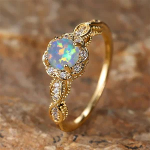 Luxury Female Charm White Opal Ring Yellow Gold Color Rings For Women Crystal Round Stone Stone Engagement Ring Jewelry