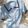 French Elegant Knitted Gold Buttons Polo Tops Women's Luxurious Blue Knit Cardigan Female Vintage Summer Short-Sleeve Lady Tops
