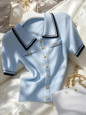 French Elegant Knitted Gold Buttons Polo Tops Women's Luxurious Blue Knit Cardigan Female Vintage Summer Short-Sleeve Lady Tops