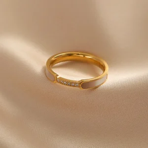 Charm Gold Color Stainless Steel White Mother-of-pearl Micro Zircon Ring for Woman Korean Wedding Jewelry Accessories Colorfast